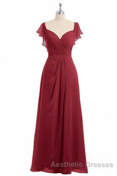 Wine Red Chiffon Backless Ruffled Sleeve Long Bridesmaid Dresses